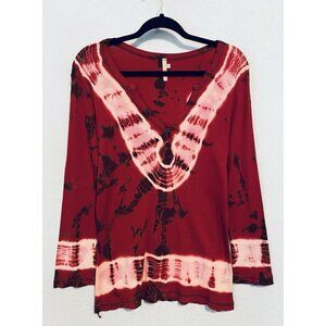 Me and Ko Top Womens XL Red Tie Dye Henley Ribbed Long Sleeve Boho 90s Y2K